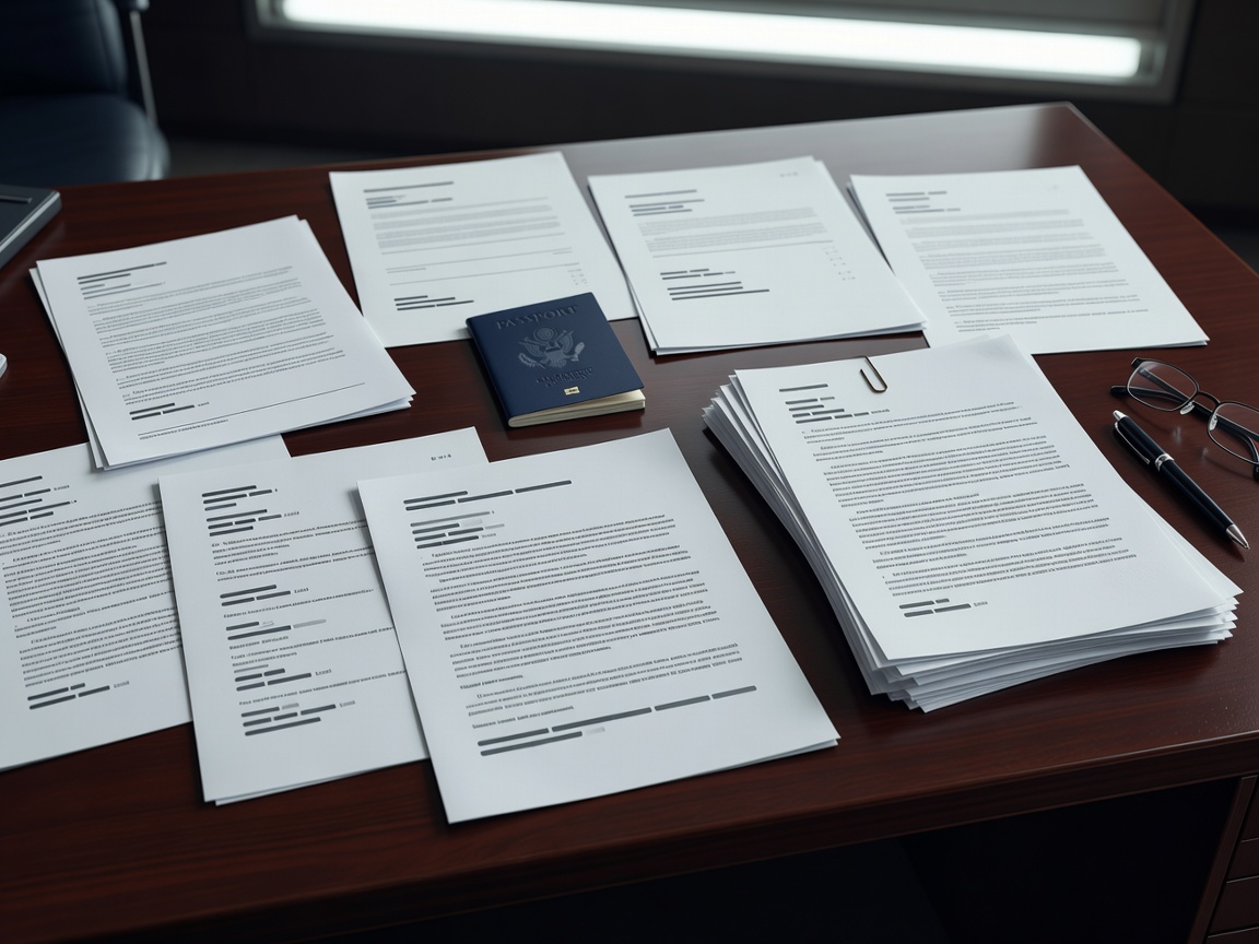 Corporate documents, passport, and legal contracts arranged on an office table