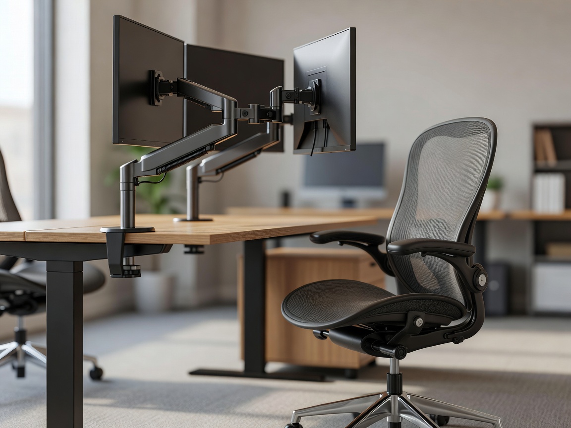 Minimalist sit-stand desk setup with dual monitors and ergonomic task chair