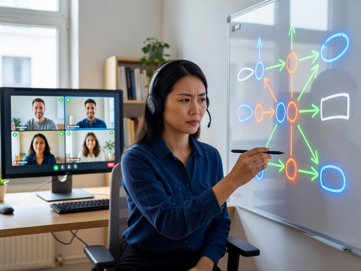 Remote colleague on a structured video call with visual whiteboard collaboration tools