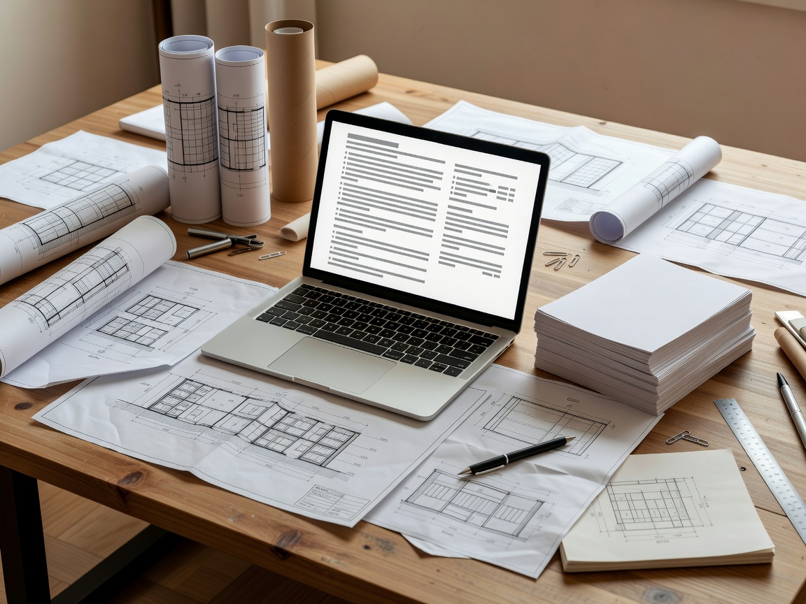 Written specification document displayed on a laptop alongside a notebook and coffee